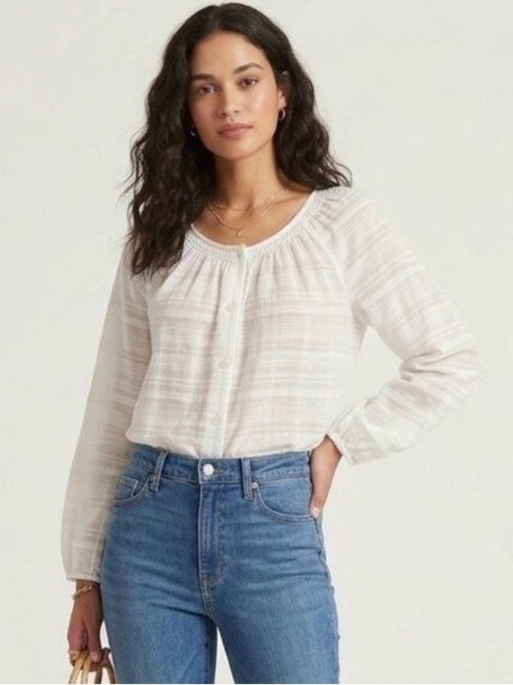 J. McLaughlin Button Front Peasant Blouse Top Long Sleeve White Women's Small